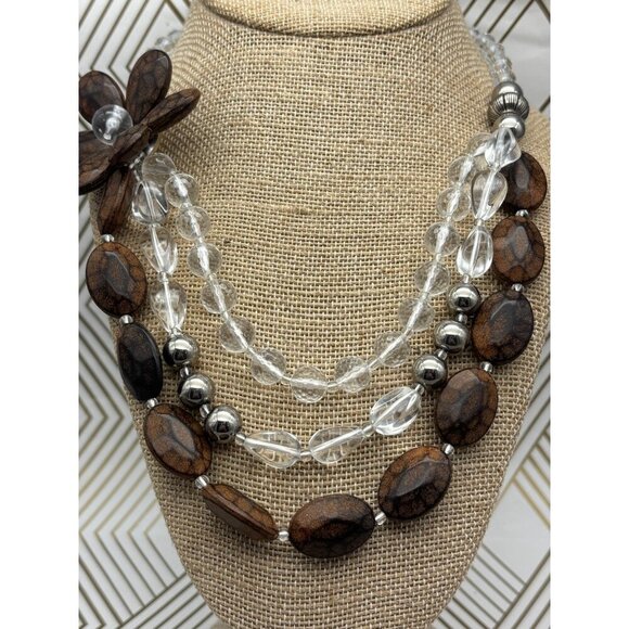 Silver Tone & Brown Bead Collar Statement Necklace Multi Strand Flower Boho - Picture 2 of 10